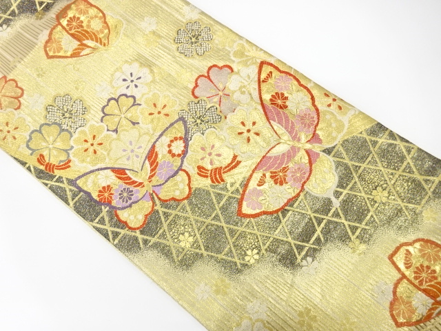 JAPANESE KIMONO / FUKURO OBI FOR FURISODE / SILK / WOVEN BUTTERFLY & SAKURA